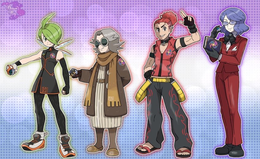 flint, lucian, aaron, and bertha (pokemon and 1 more) drawn by dreambig