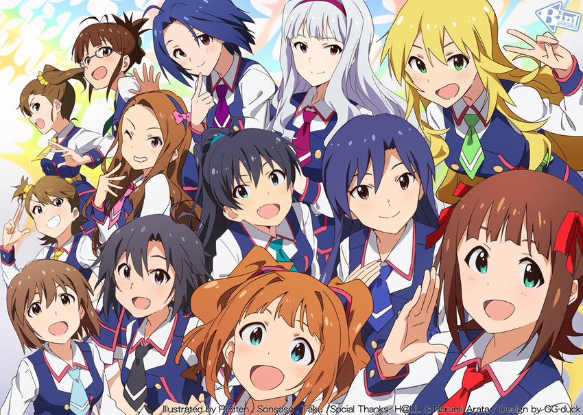 hoshii miki, kisaragi chihaya, amami haruka, kikuchi makoto, shijou takane, and 8 more (idolmaster) drawn by aumann, h@ll, narumi_arata, red10, sonsoso, and taku1122