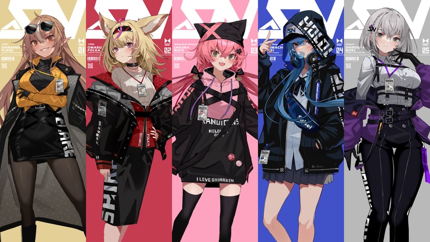 hoshimachi suisei, sakura miko, shirogane noel, shiranui flare, and omaru polka (hololive) drawn by ishihara_(kuniyoshi)