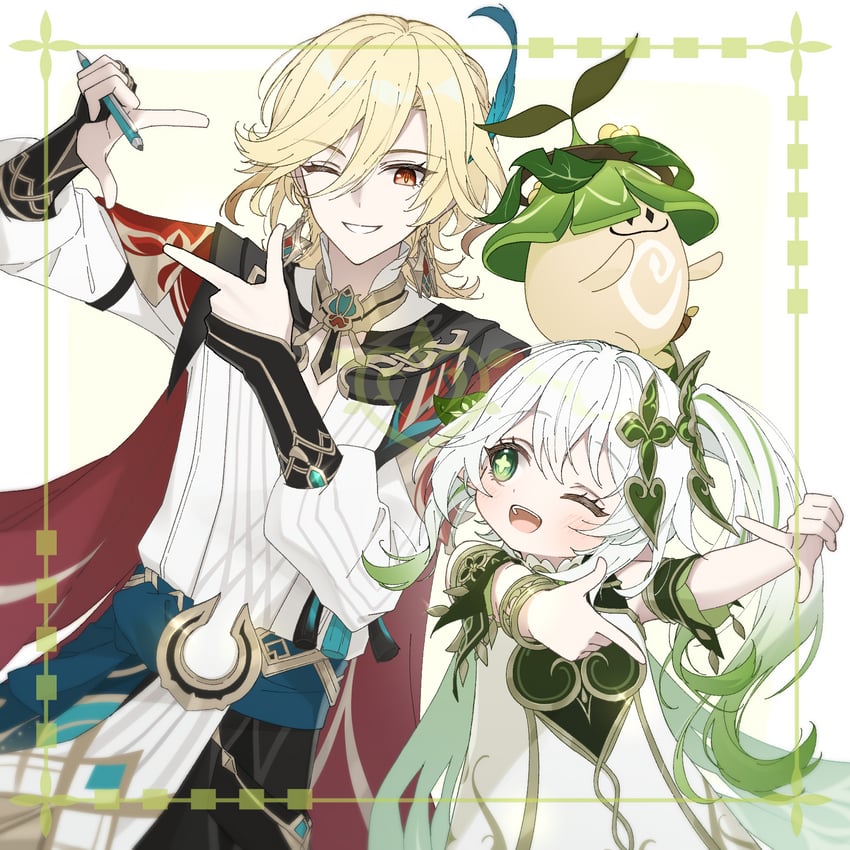 nahida, kaveh, and aranara (genshin impact) drawn by neneko_sleep