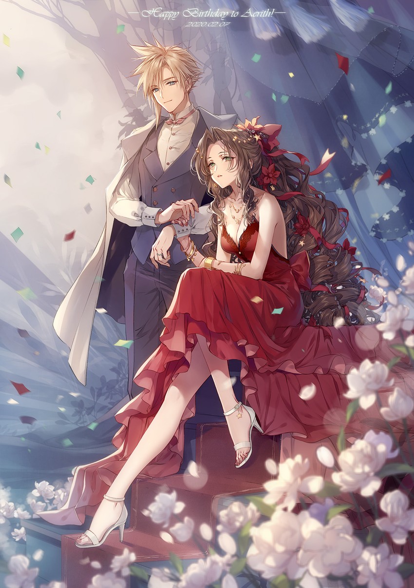cloud strife and aerith gainsborough (final fantasy and 1 more) drawn by kieta