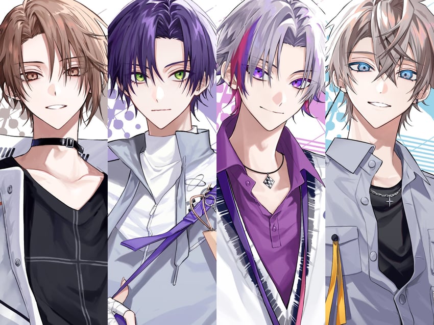 kenmochi touya, fuwa minato, kagami hayato, and kaida haru (nijisanji) drawn by alase_00