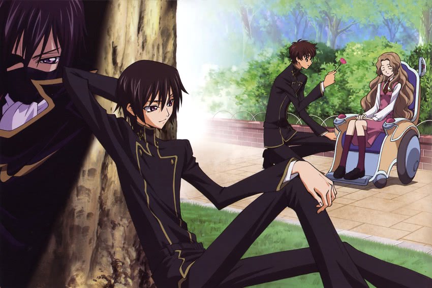 lelouch vi britannia, kururugi suzaku, and nunnally vi britannia (code geass) drawn by shinbo_takurou