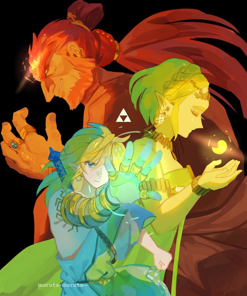 link, princess zelda, and ganondorf (the legend of zelda and 1 more) drawn by maruta_maruta