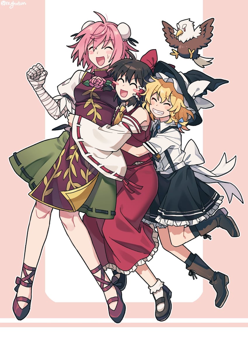 hakurei reimu, kirisame marisa, ibaraki kasen, and kanda (touhou) drawn by re_ghotion