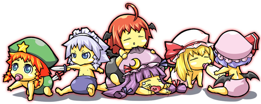 remilia scarlet, flandre scarlet, izayoi sakuya, patchouli knowledge, hong meiling, and 1 more (touhou) drawn by ekus_(xo_ekus)