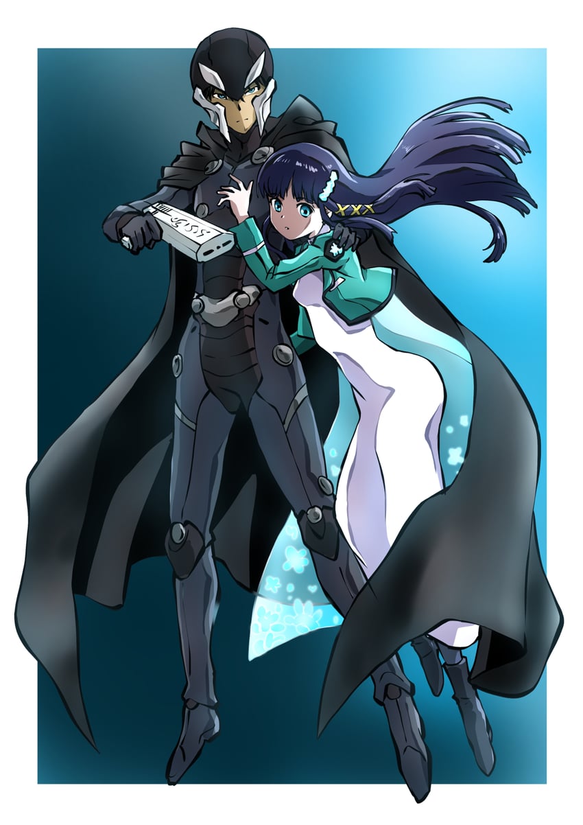 shiba miyuki, shiba tatsuya, and mobile suit (mahouka koukou no rettousei) drawn by taiga_hiroyuki