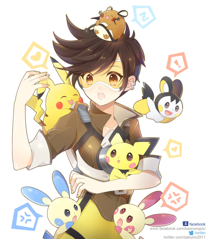 pikachu, tracer, pichu, emolga, dedenne, and 2 more (pokemon and 2 more) drawn by kaoruru_(sakuno2911)