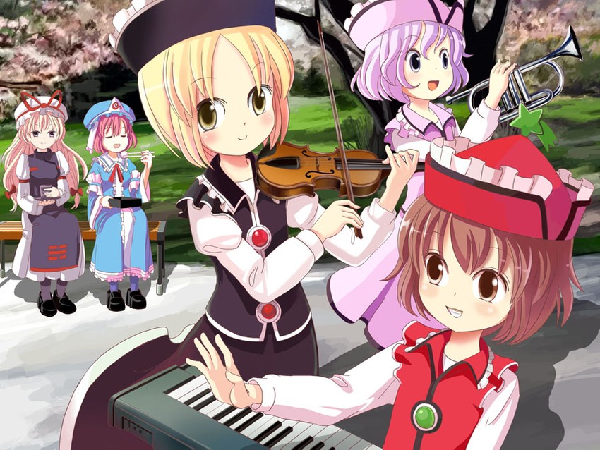 yakumo yukari, saigyouji yuyuko, lunasa prismriver, merlin prismriver, and lyrica prismriver (touhou) drawn by sixten