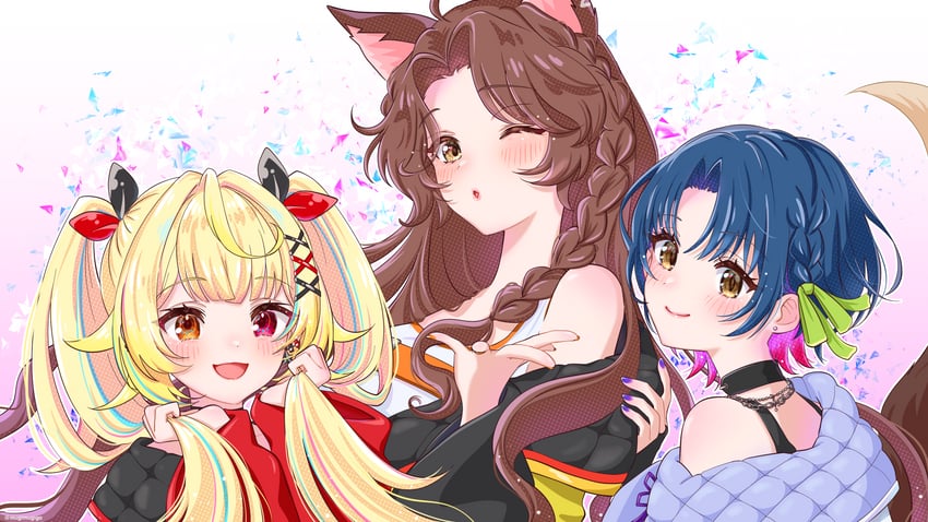 hoshikawa sara, yamagami karuta, and fumi (nijisanji) drawn by mugimugigo