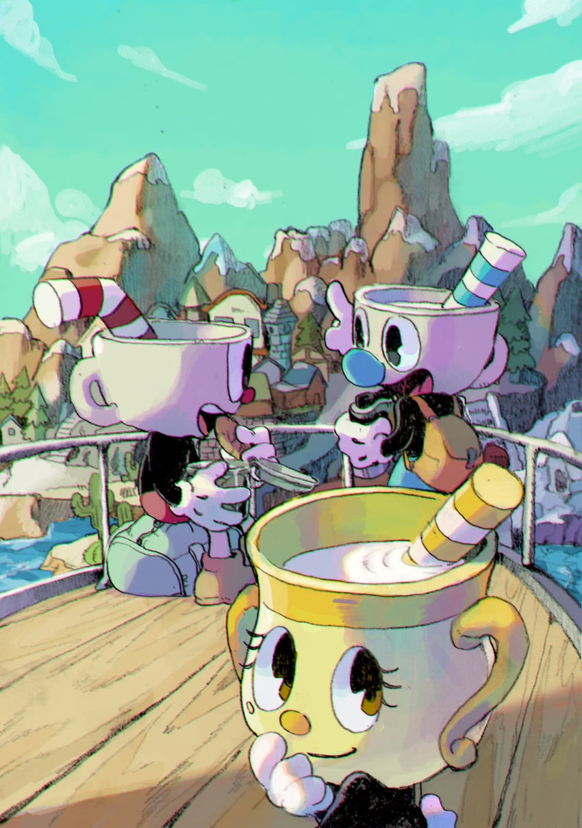 cuphead, mugman, and ms. chalice (cuphead) drawn by doi_m2000