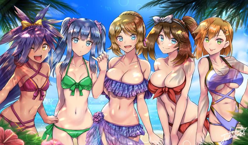 dawn, may, serena, misty, and iris (pokemon and 4 more) drawn by takecha