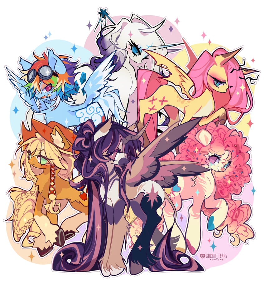 twilight sparkle, fluttershy, rainbow dash, pinkie pie, rarity, and 2 more (my little pony and 1 more) drawn by gochii_tears