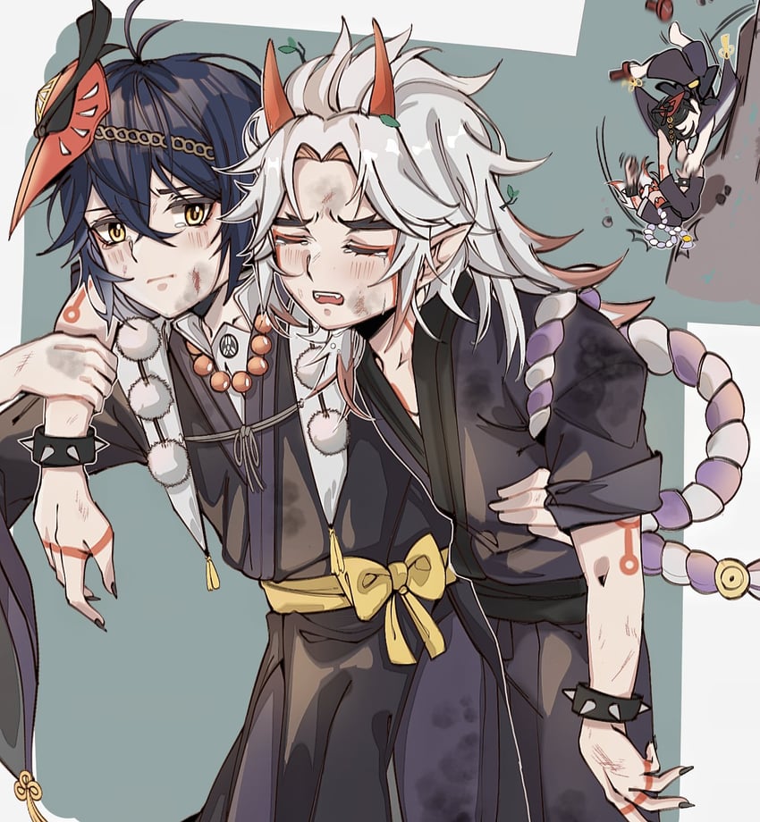 kujou sara and arataki itto (genshin impact) drawn by haniwa15