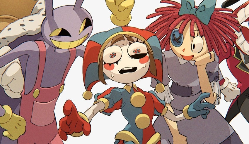 pomni, jax, ragatha, caine, and kinger (the amazing digital circus) drawn by sonokare