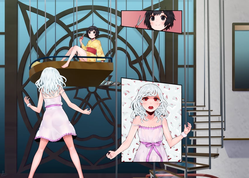 sengoku nadeko, araragi koyomi, araragi tsukihi, and god nadeko (monogatari and 1 more) drawn by piancaesar