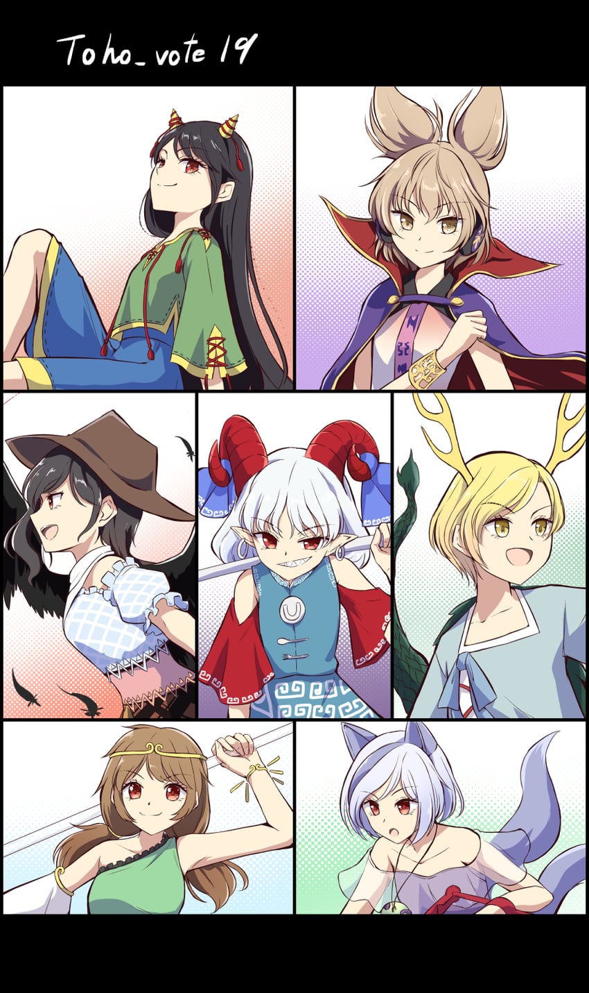 toyosatomimi no miko, kicchou yachie, kurokoma saki, toutetsu yuuma, son biten, and 2 more (touhou) drawn by kachuten