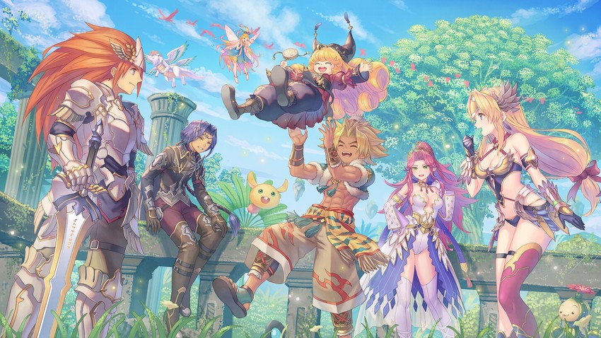 riesz, angela, charlotte, rabite, duran, and 5 more (seiken densetsu and 1 more) drawn by anbe_yoshirou