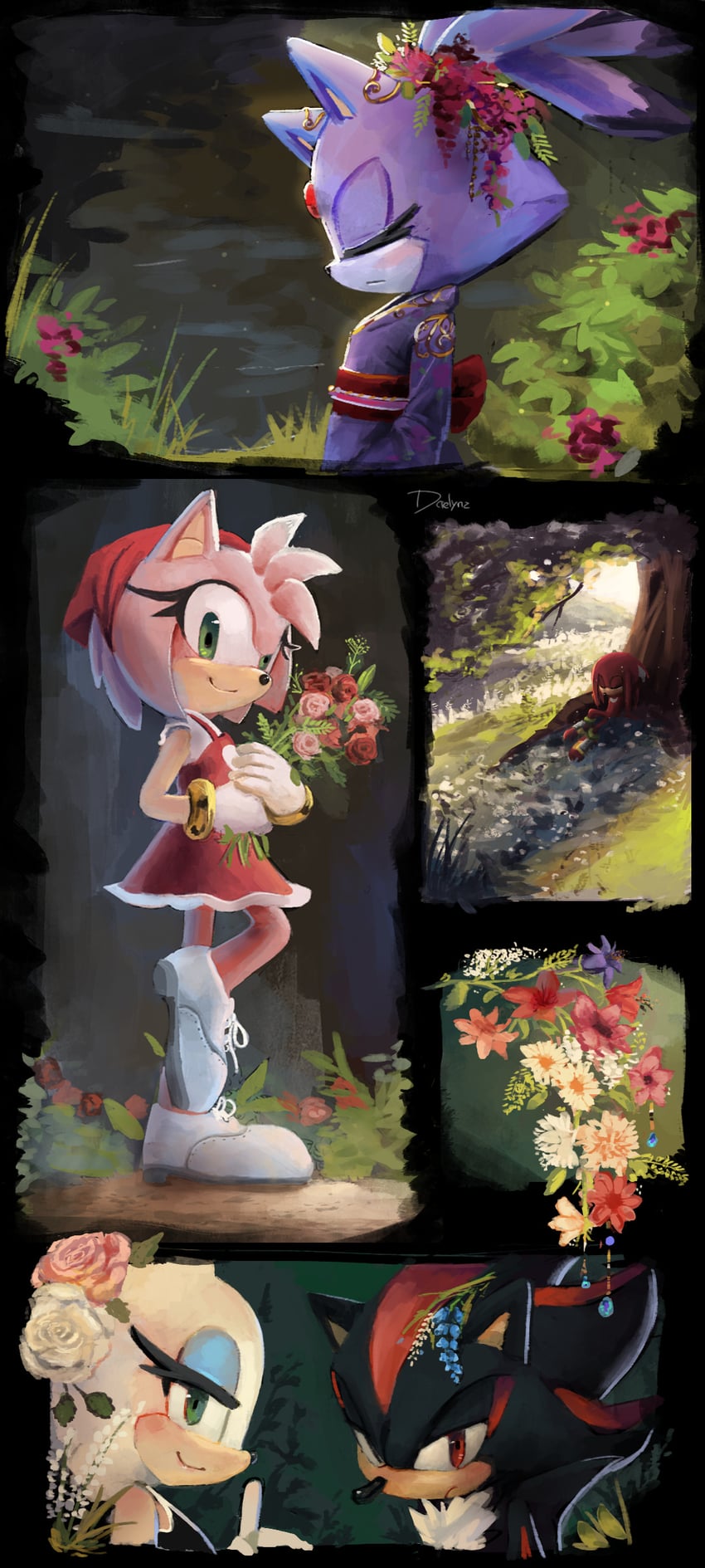 shadow the hedgehog, amy rose, blaze the cat, rouge the bat, and knuckles the echidna (sonic) drawn by daelynz