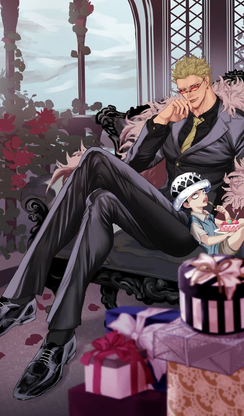 trafalgar law and donquixote doflamingo (one piece) drawn by omegatama2