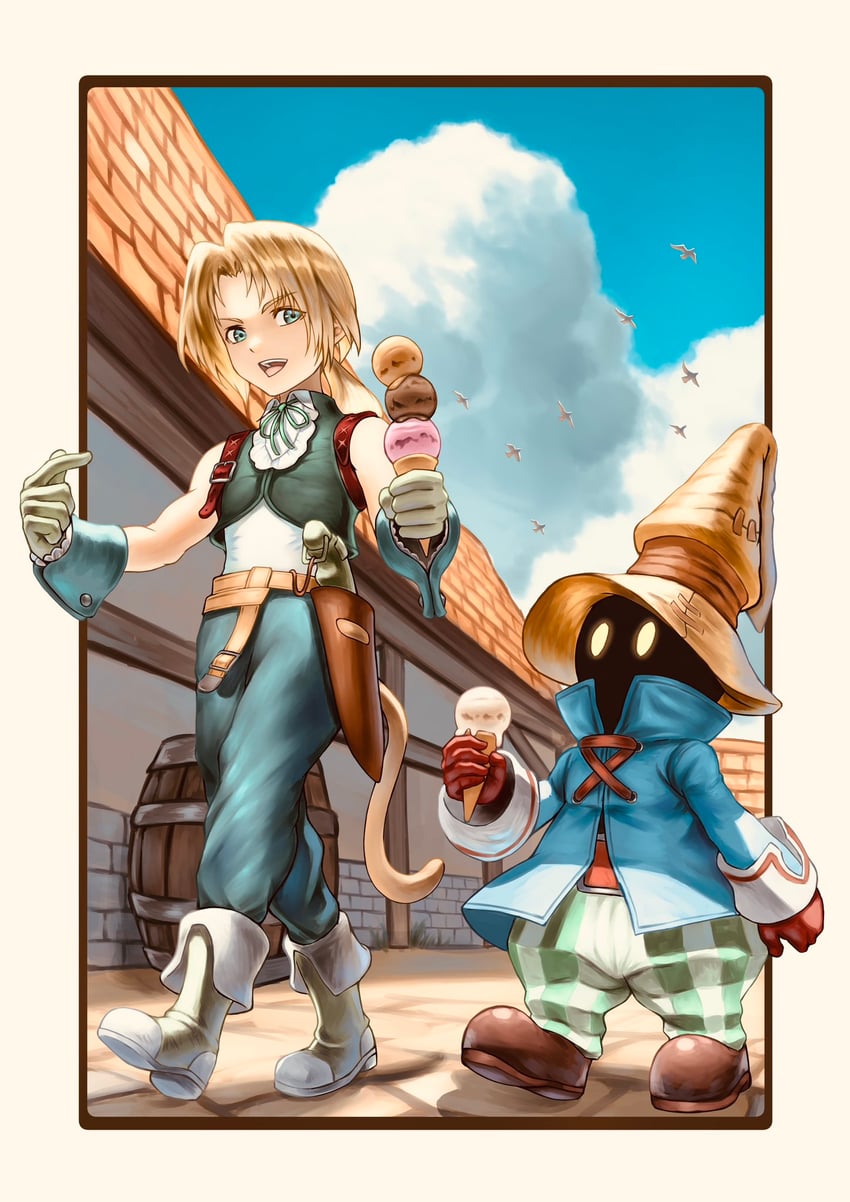 zidane tribal, black mage, and vivi ornitier (final fantasy and 1 more) drawn by zupakyo