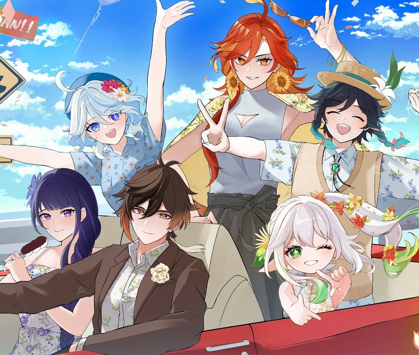 raiden shogun, furina, nahida, zhongli, venti, and 1 more (genshin impact) drawn by shiba_(tonari_no_shiba_inu)