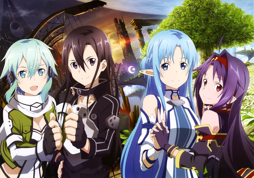 asuna, kirito, sinon, and yuuki (sword art online) drawn by nishiguchi_tomoya