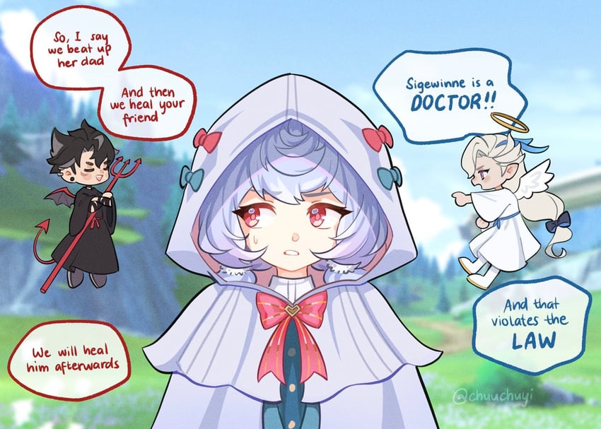 neuvillette, wriothesley, and sigewinne (genshin impact) drawn by lin_(chuuchuyi)