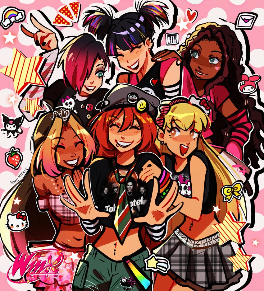 hello kitty, my melody, kuromi, bloom, stella, and 4 more (sanrio and 3 more) drawn by huyandere