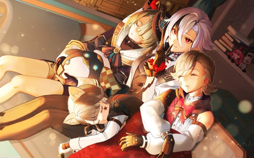 arlecchino, lynette, lyney, and freminet (genshin impact) drawn by sanashiro_mako