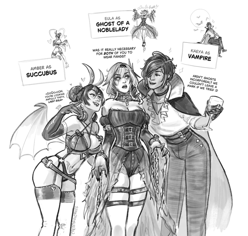 eula, amber, and kaeya (genshin impact) drawn by calamari_cakes