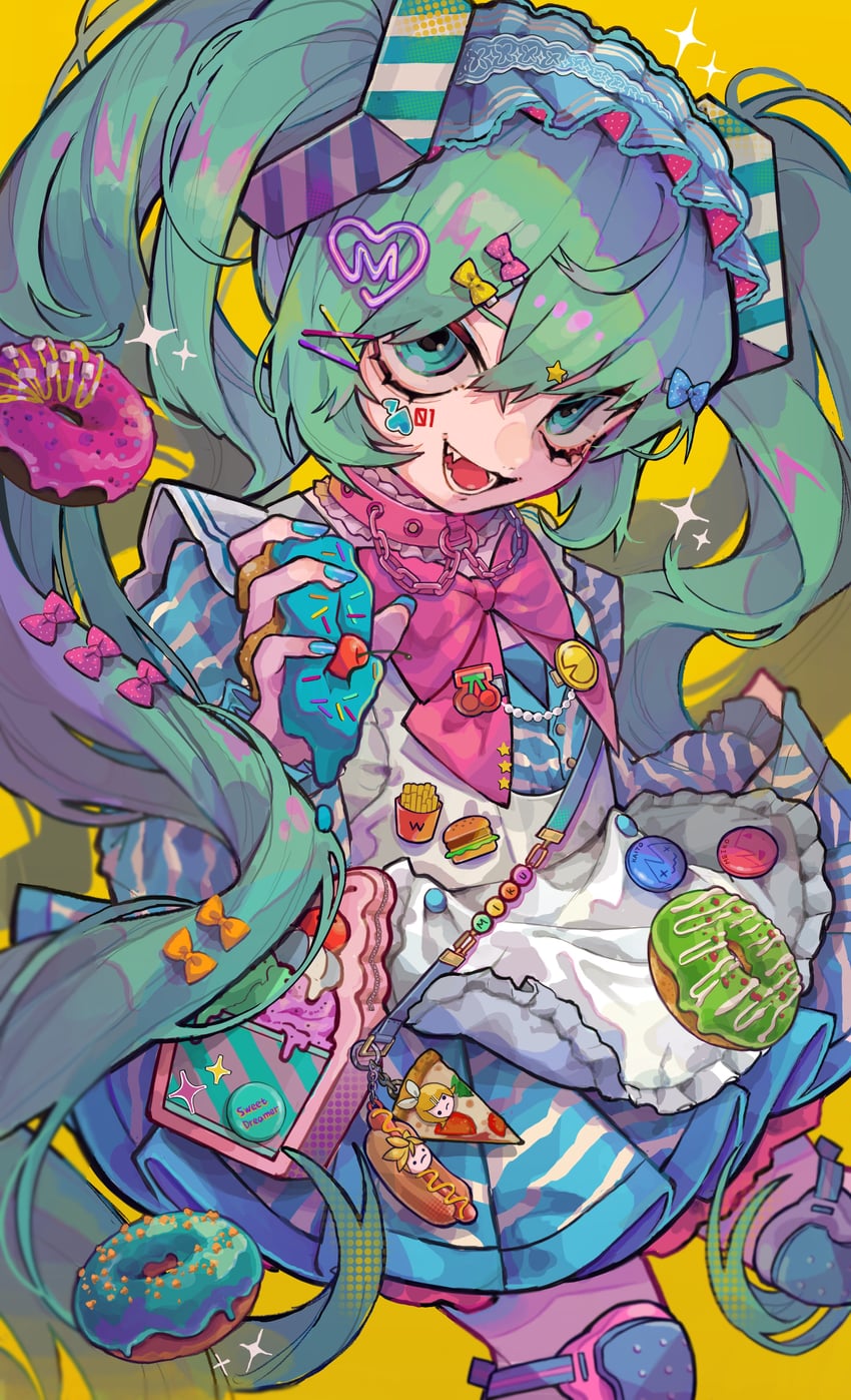 hatsune miku, kagamine rin, kagamine len, and pac-man (vocaloid) drawn by tira_27