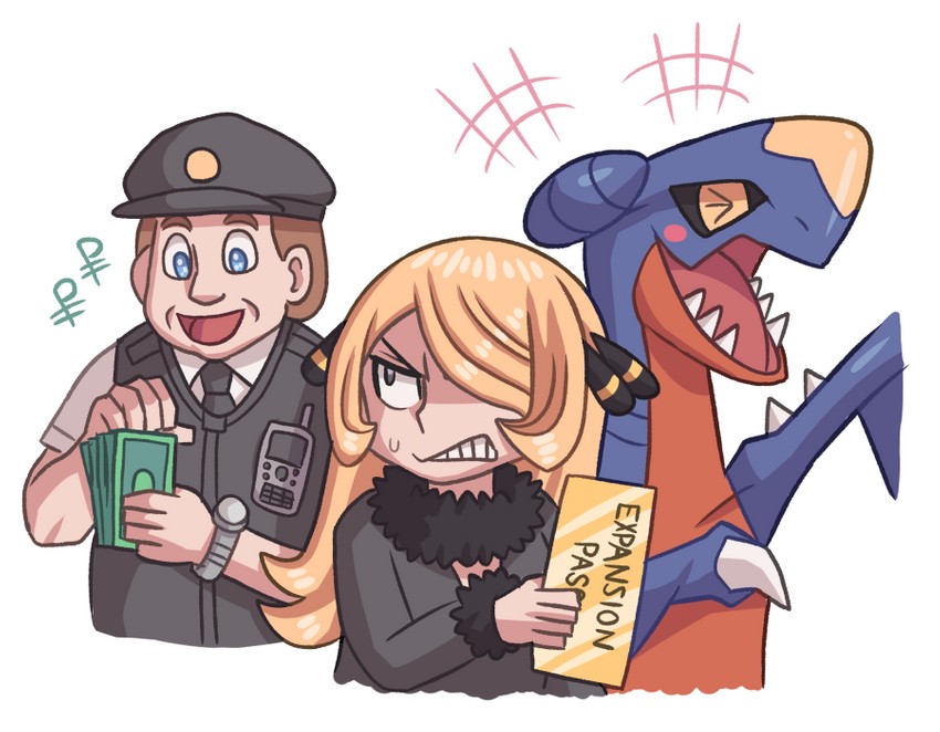 cynthia, garchomp, and police officer (pokemon and 2 more) drawn by ayyk92