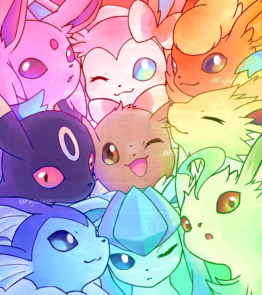 eevee, sylveon, umbreon, glaceon, vaporeon, and 4 more (pokemon) drawn by fuju1012