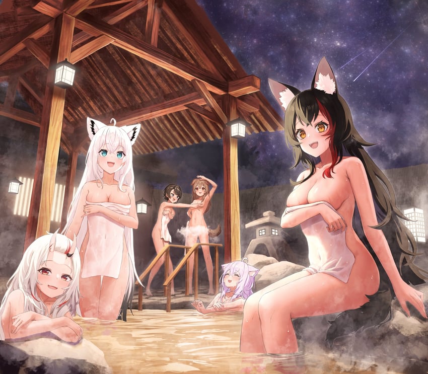 shirakami fubuki, nekomata okayu, ookami mio, oozora subaru, inugami korone, and 1 more (hololive) drawn by kazuna_(minekazuna)