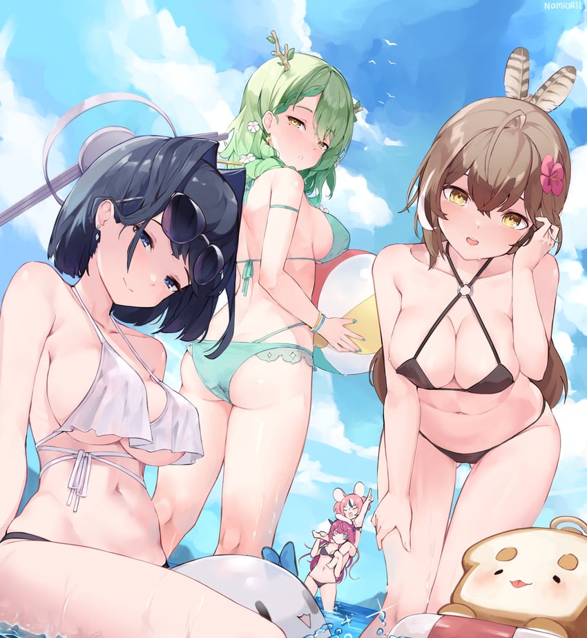 ouro kronii, nanashi mumei, hakos baelz, ceres fauna, irys, and 1 more (hololive and 1 more) drawn by namiorii