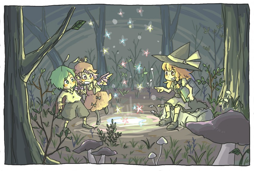 kirisame marisa, mystia lorelei, and wriggle nightbug (touhou) drawn by marukei_(kuramaruk)