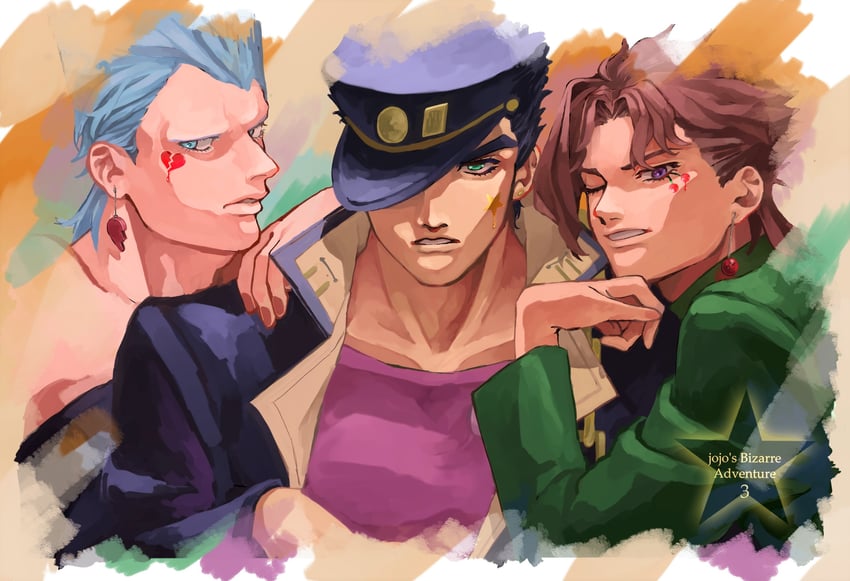 kujo jotaro, kakyoin noriaki, and jean pierre polnareff (jojo no kimyou na bouken and 1 more) drawn by togusa_jj