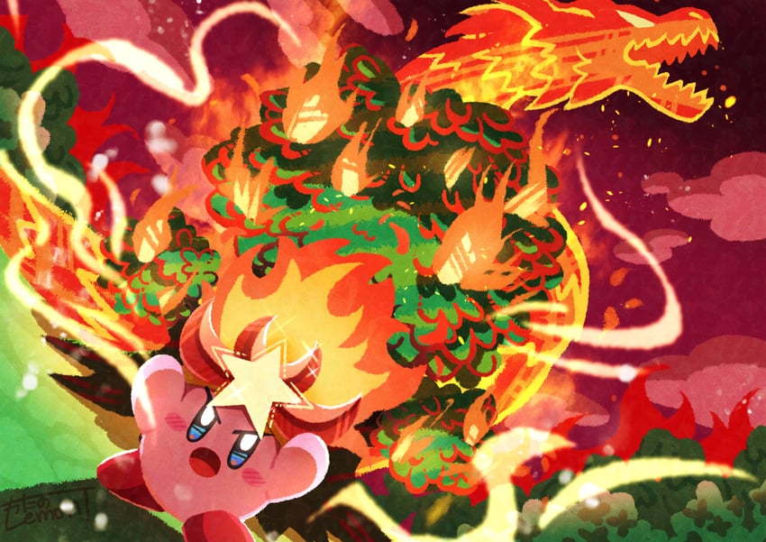 kirby, fire kirby, and monster flame kirby (kirby and 1 more) drawn by watawata22