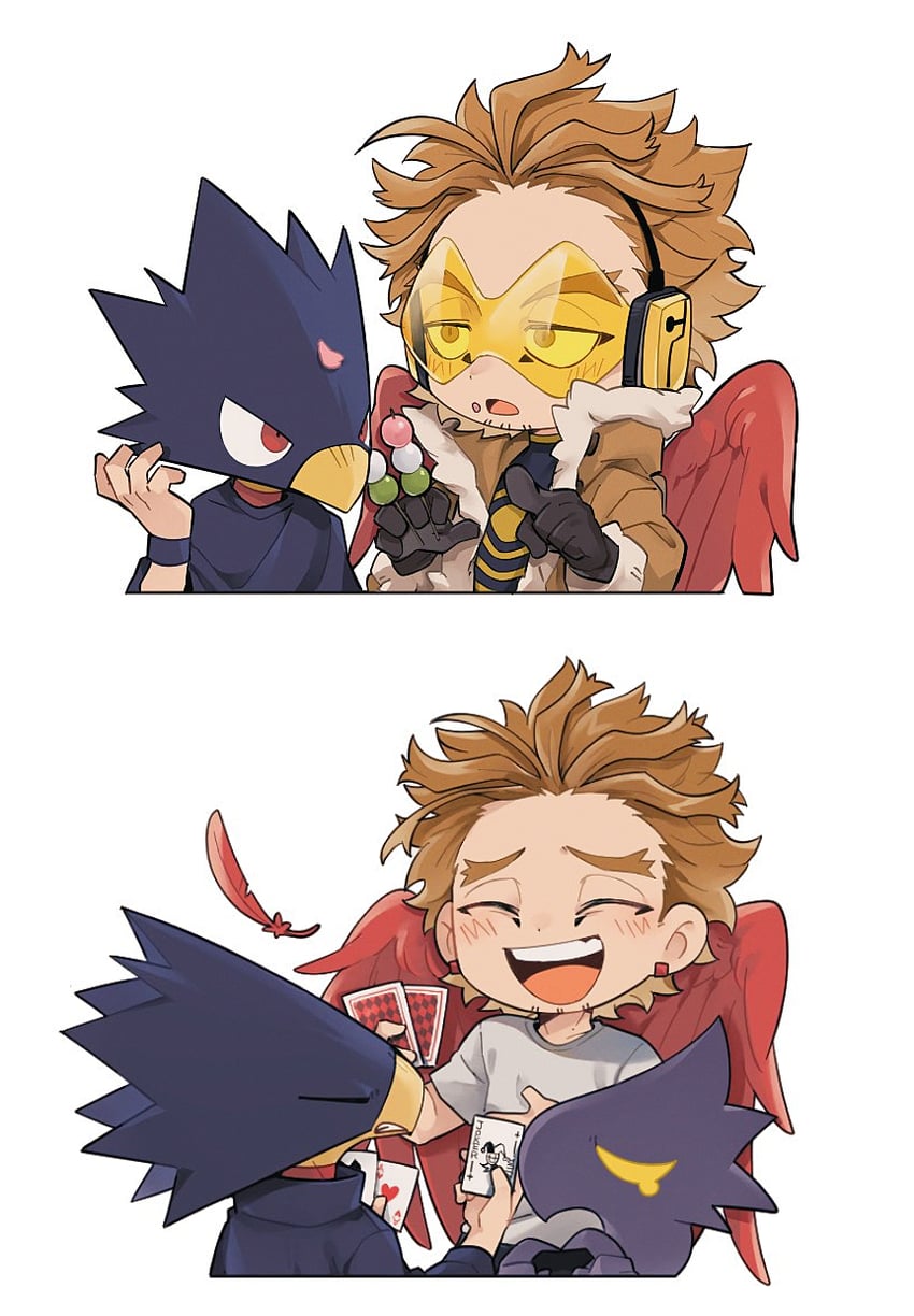 hawks, tokoyami fumikage, and dark shadow (boku no hero academia) drawn by mo_masimasi