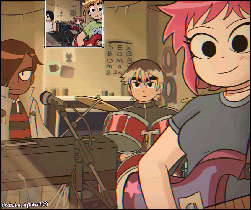 scott pilgrim, ramona flowers, kim pine, todd ingram, knives chau, and 1 more (scott pilgrim and 2 more) drawn by tobi_(bake_dpotat0)