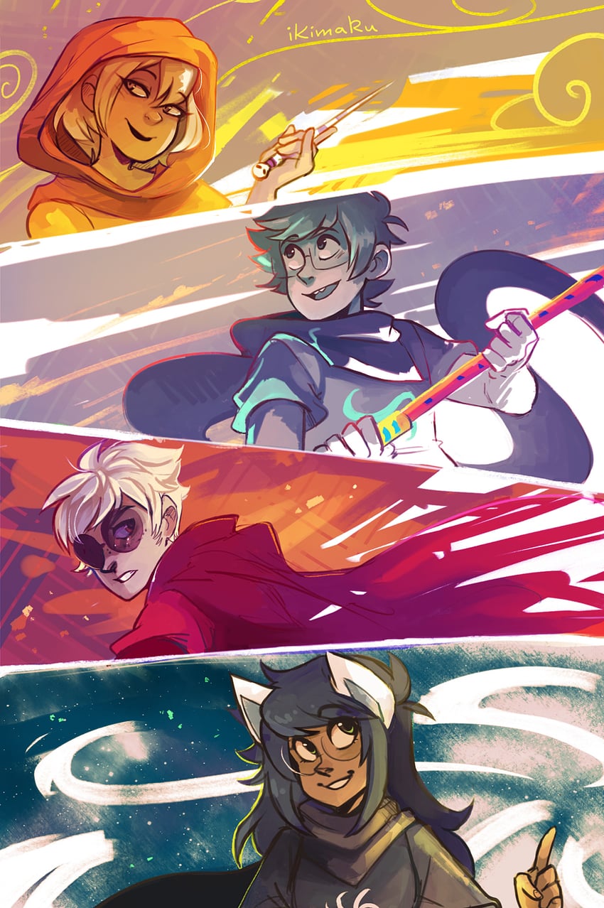 rose lalonde, jade harley, dave strider, and john egbert (homestuck) drawn by ikimaru