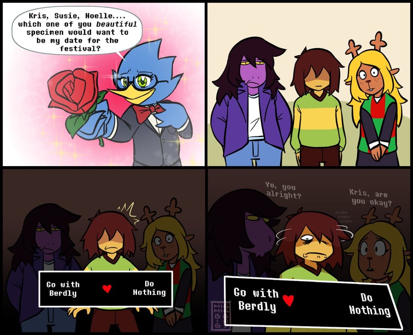kris, susie, noelle holiday, and berdly (deltarune) drawn by migmigbigboy