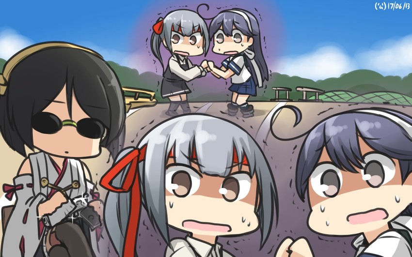 ushio, kasumi, kirishima, kasumi kai ni, kirishima kai ni, and 1 more (kantai collection) drawn by hamu_koutarou