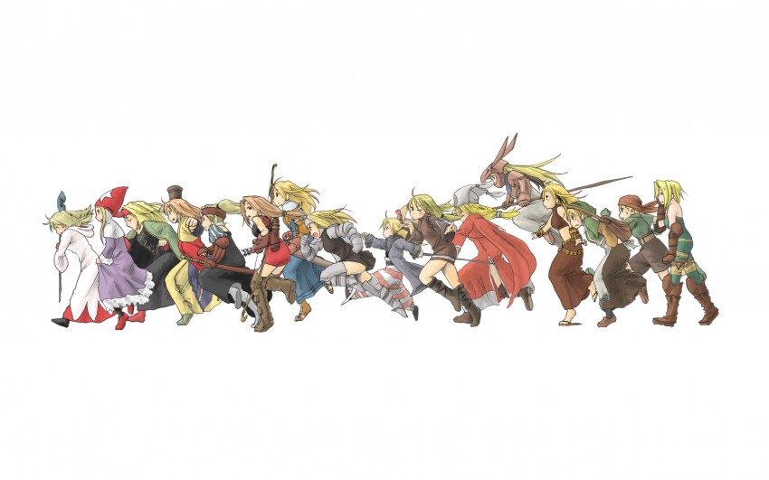 white mage, monk, geomancer, time mage, knight, and 12 more (final fantasy and 1 more) drawn by abekawa
