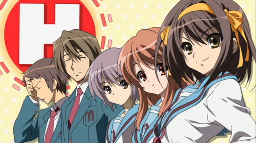 suzumiya haruhi, nagato yuki, asahina mikuru, kyon, and koizumi itsuki (suzumiya haruhi no yuuutsu)