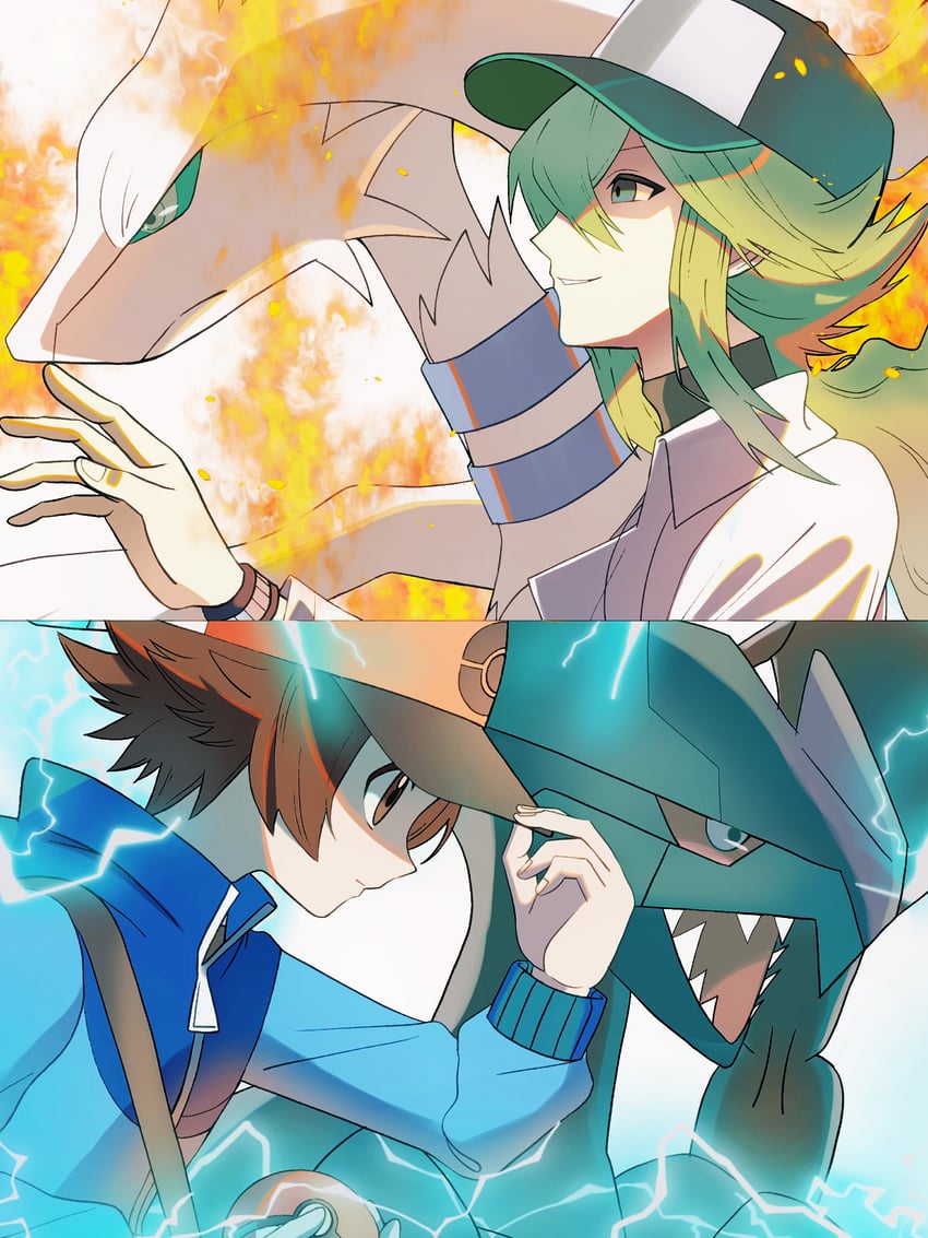 hilbert, n, reshiram, and zekrom (pokemon and 1 more) drawn by zero_(sleepy_meltan)