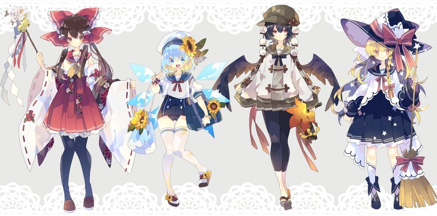 hakurei reimu, kirisame marisa, cirno, and shameimaru aya (touhou and 1 more) drawn by nikorashi-ka