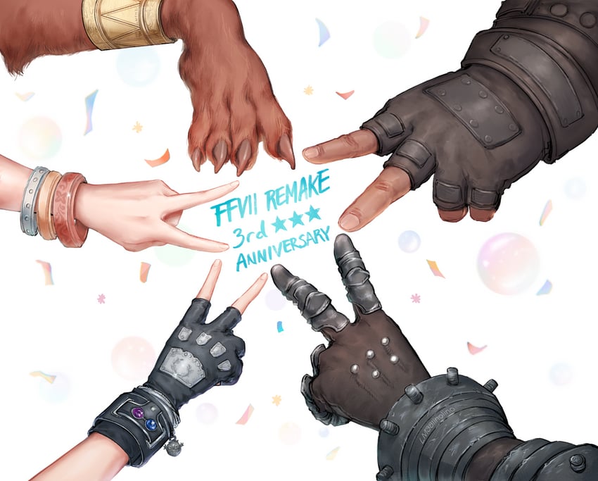 tifa lockhart, cloud strife, aerith gainsborough, barret wallace, red xiii, and 1 more (final fantasy and 2 more) drawn by linono