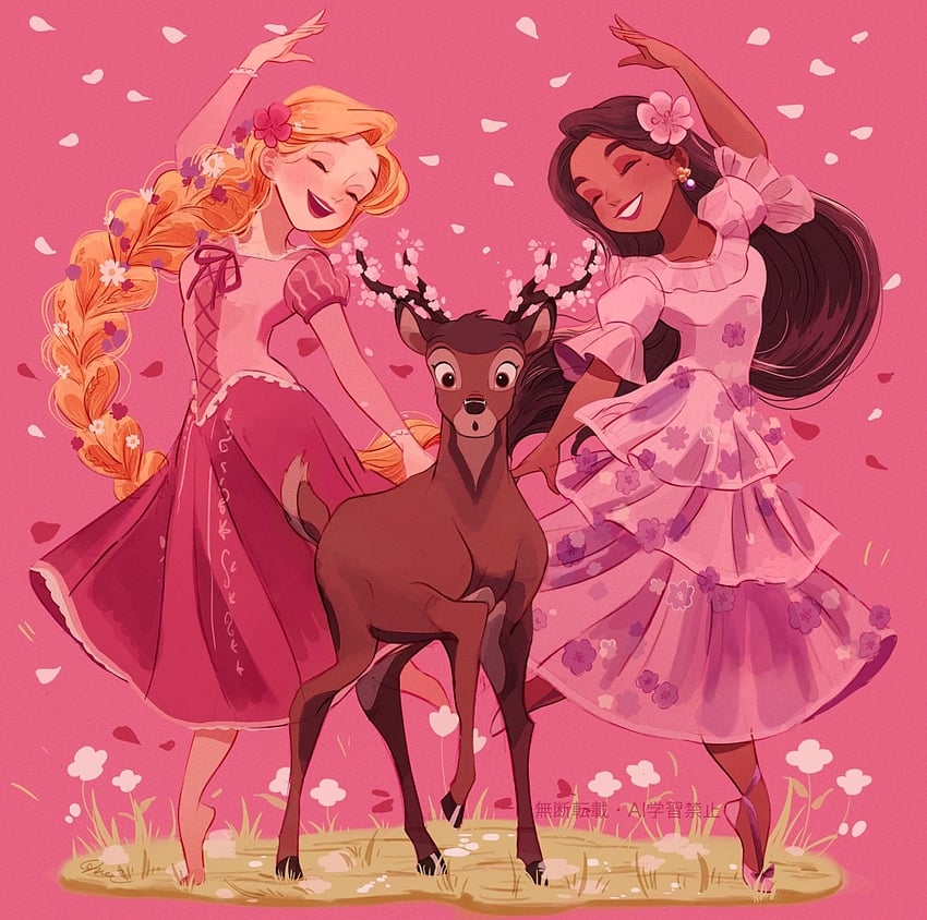 rapunzel, isabela madrigal, and bambi (disney and 3 more) drawn by melchencanto